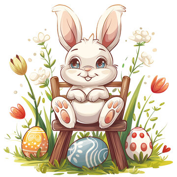 recommend clip art: Easter egg bunny kawaii, sitting on a chair in the egg garden, genesis ai