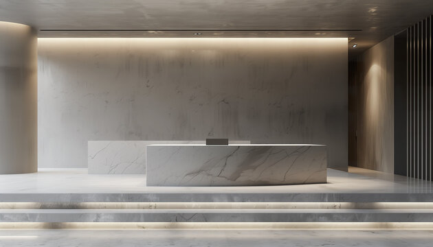An upscale, contemporary reception area featuring striking marble textures and sophisticated lighting. 