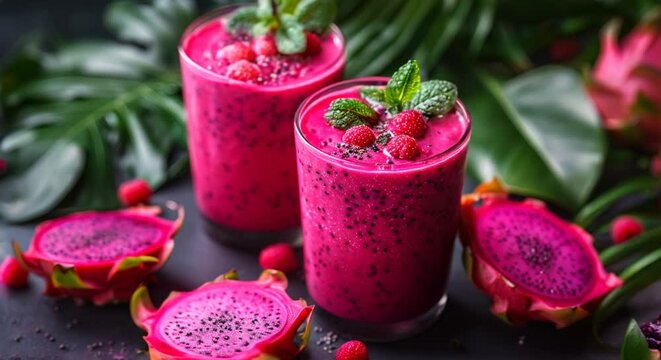 Exotic dragon fruit smoothie, vibrant pink, tropical leaves backdrop