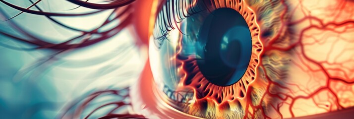 Illustration of a human eye detailing retina and lens with medical annotations in an anatomical style - obrazy, fototapety, plakaty