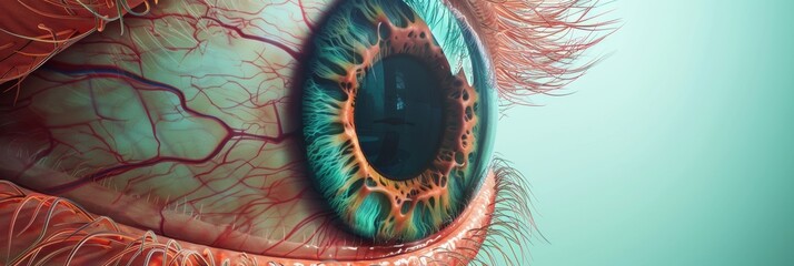 Illustration of a human eye detailing retina and lens with medical annotations in an anatomical style