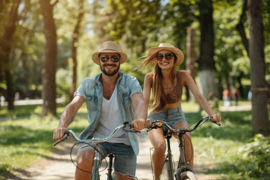 photo of happy young couple riding bicycles in the park on a summer day