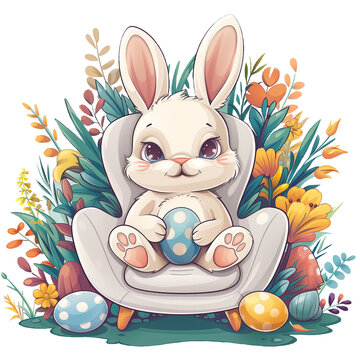 recommend clip art: Easter egg bunny kawaii, sitting on a chair in the egg garden, genesis ai