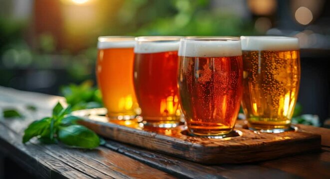 Craft beer flight on wooden paddle, brewery vibes, hops and barley background