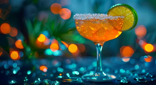 Classic margarita with salt rim, lime wedge, vibrant party atmosphere