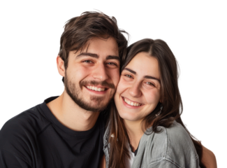 Portrait of a Young happy couple hugging and smiling, PNG file of isolated cutout object with on transparent background.