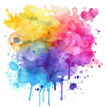 Mesmerizing watercolor stain bursting with a vibrant spectrum of rainbow hues, perfect for expressive and imaginative artwork.