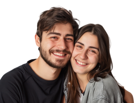 Portrait of a Young happy couple hugging and smiling, PNG file of isolated cutout object with on transparent background.