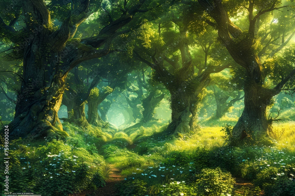 Aufkleber enchanted forest scene with sun rays filtering through ancient trees and lush greenery