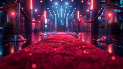 Red carpet entrance with velvet ropes at night