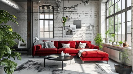 Modern Living Room Interior with Red Corner Sofa and Black Coffee Table. White Brick Wall with Copy...