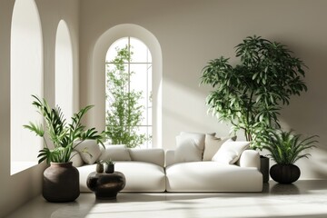 Modern Minimalist Living Room Interior with White Sofa, Houseplants, and Arched Window - obrazy, fototapety, plakaty
