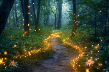 Fototapeta premium Enchanted Twinkling Fireflies Lighting Up a Magical Forest Path at Dusk