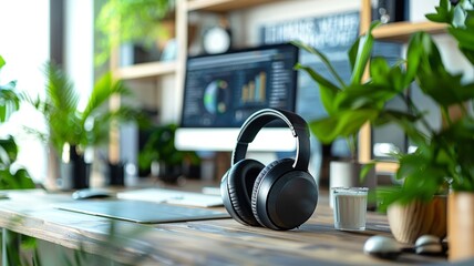 neatly organized desk with a state-of-the-art wireless headset emphasizing modern office essentials