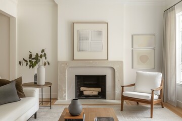 elegant, minimalist midcentury modern living room centered around a vintage fireplace