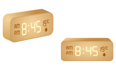 digital alarm clock electronic digits which displays the hour minute temperature am pm. with wood grain texture. vector illustration isolated on white background.