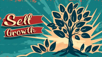an illustration with the text Self Growth with a flourishing tree . 
