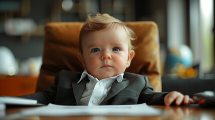 A baby dressed as a business executive sits at a desk, exuding a humorous yet serious demeanor, complete with papers and a pen. Business concept of a cute business baby.