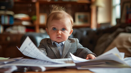A kid dressed as a business executive sits at a desk, exuding a serious demeanor, complete with papers and a pen. Business concept of a cute business baby.