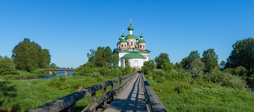 Ancient Cathedral of the Smolensk Icon of the Mother of God in a summer panorama. Olonets. Karelia, Russia