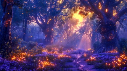 Enchanted Forest Scene with Magical Trees, Glowing Flowers, and Mystical Atmosphere at Twilight