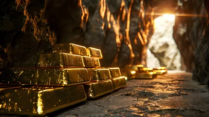 Fotobehang Gold bars are placed in gold mine, the discovery and increasing demand for gold, one of the world's most traded commodities and is vital to the economy © Slowlifetrader