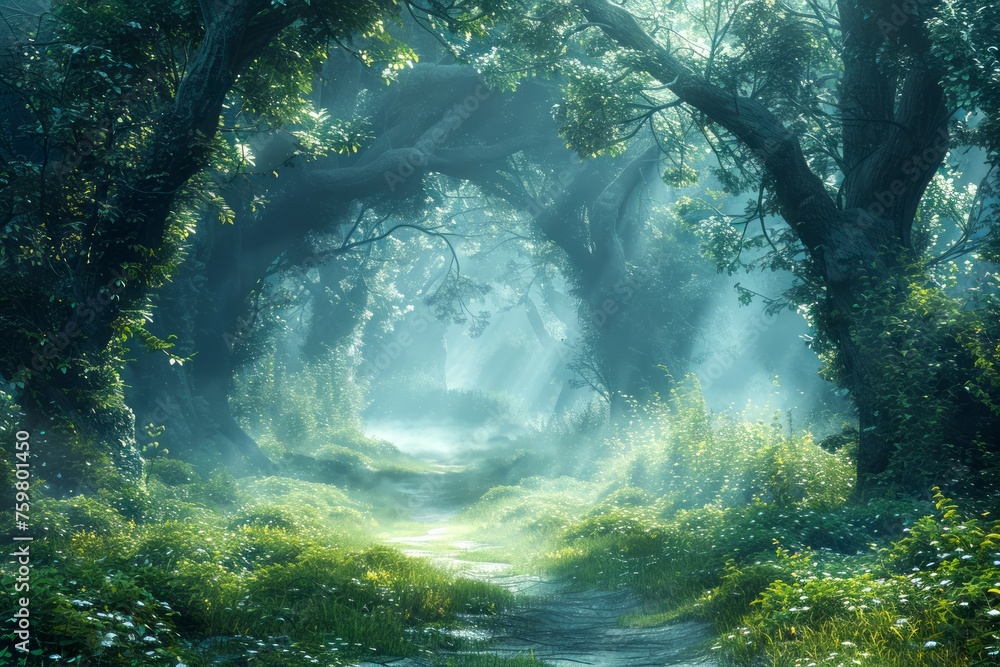 Poster enchanting misty forest with sunlight beaming through trees on a serene pathway