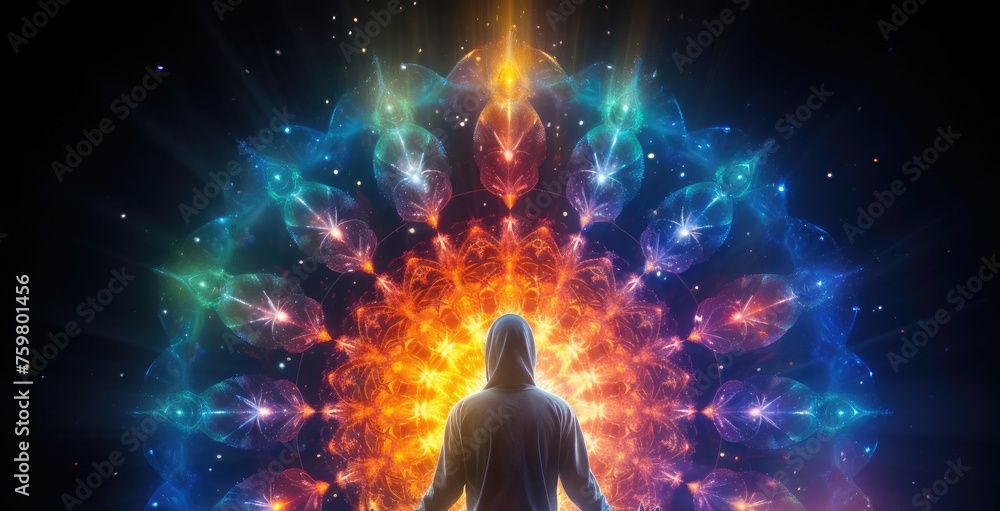 Poster man standing in front of colorful explosion of light generative ai