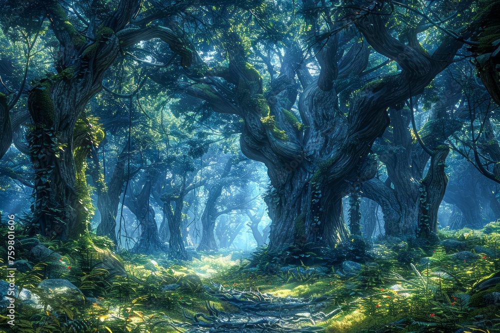 Poster enchanted forest scene with mystical trees and ethereal blue light filtering through the foliage