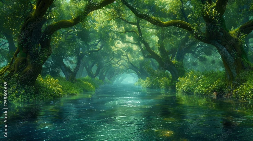 Poster enchanted forest scene with sunlight filtering through mystical trees