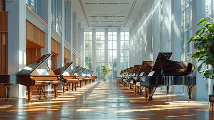 Array of grand pianos grace luminous showroom
