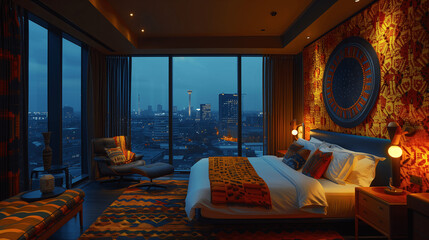Modern Hotel Room Interior with Cityscape View at Night