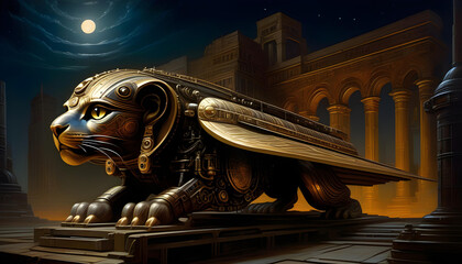 An oil painting of a nocturnal sphinx in a dieselpunk world