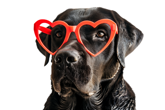Labrador retriever with red heart-shaped glasses, isolated transparent background