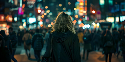 Beautiful young woman walking in the city at night Blurred background - Ai Generated