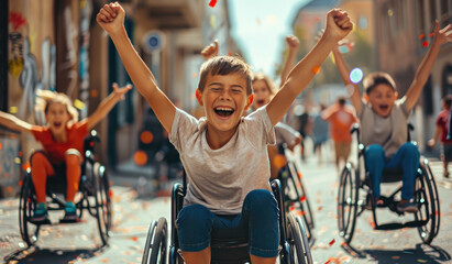 Smiling kids in wheelchairs celebrating victory, holding up their arms and cheering with friends on the street - obrazy, fototapety, plakaty