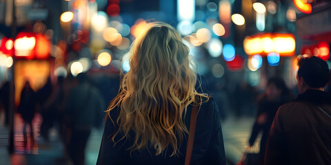 Beautiful young woman walking in the city at night Blurred background - Ai Generated