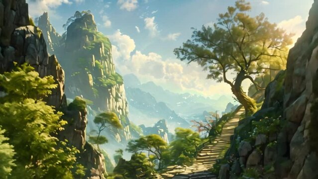 fantasy style illustration of ancient landscape on mountain