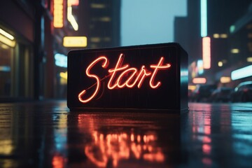 Slogan start neon light sign text effect on a rainy night street, horizontal composition