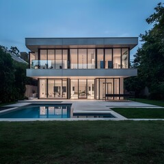 Obraz premium beautiful modern architect house with one floor with swimming pool and a beautiful garden
