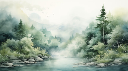 Watercolor painting of a river winding through a lush, mountainous forest, with sunlight filtering through the fog and trees. - obrazy, fototapety, plakaty