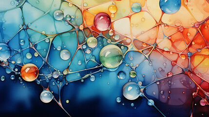 In a macro watercolor, dewdrops on a spiderweb are depicted, capturing shimmering reflections and intricate threads.