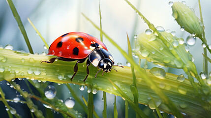 A watercolor illustration depicts a ladybug navigating a dewy green leaf, showcasing intricate details and water droplets.
