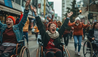Smiling women in wheelchairs celebrating victory, holding up their arms and cheering with friends on the street - obrazy, fototapety, plakaty
