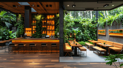 Modern Restaurant Interior with Green Wall and Wooden Elements