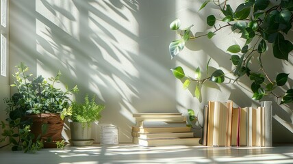 Bright corner of a study with greenery and stacked books