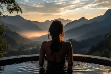 Woman Relaxing in Hot Tub With Mountain View Generative AI - obrazy, fototapety, plakaty