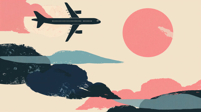 Retro travel poster featuring an airplane in the sky