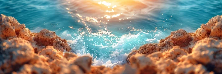 Poster View of water from a cliff with the sunset and golden yellow light © Mark