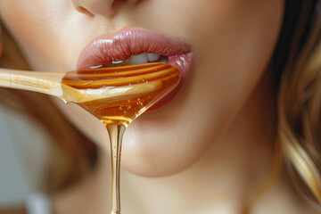 Honey dripping on girl lips from the wooden spoon. Beauty model woman eating honey